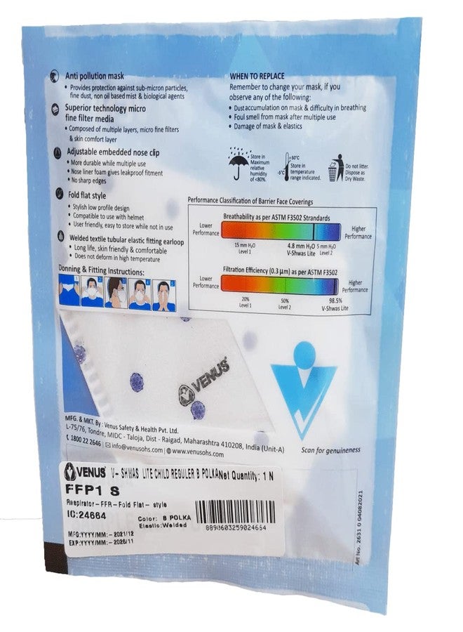 فينوس - في-شواس لايت - كمامة للأطفال - معتمدة من هيئة المواصفات والمقاييس الهندية، تصميم ملون، حماية متعددة الطبقات ضد الجزيئات دون الميكرونية والفيروسات، مريحة للبشرة، مناسبة للأطفال من عمر 5 إلى 8 سنوات - عبوة من 15 كمامة - Image 5